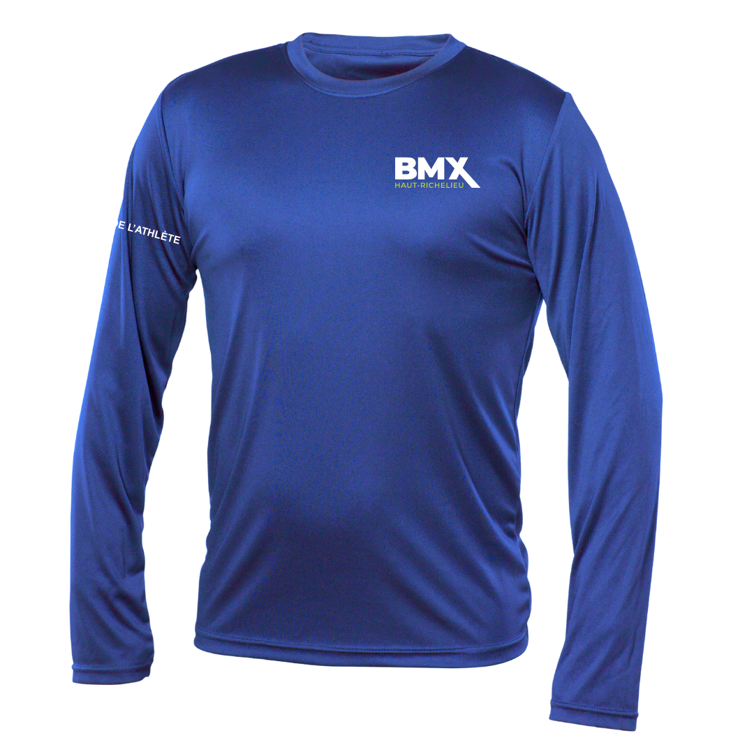 a blue long sleeved shirt with the bmx logo on it