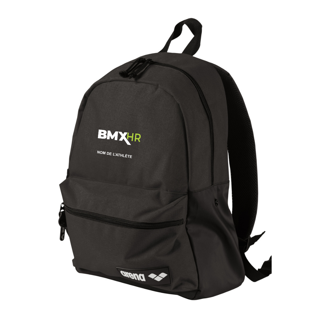 a black backpack with the bmxr logo on it