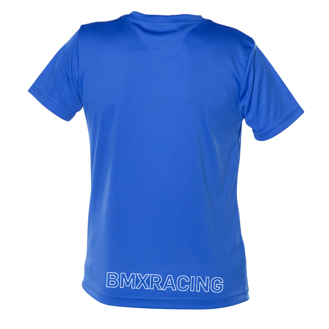 a blue t - shirt with the words bmxracing printed on it