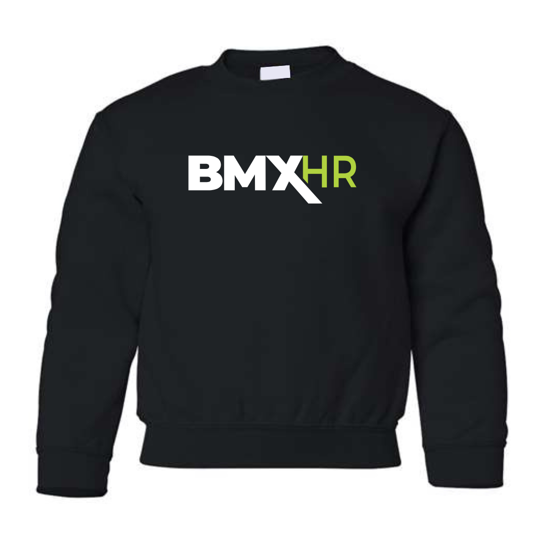 a black sweatshirt with the bmx hr logo on it