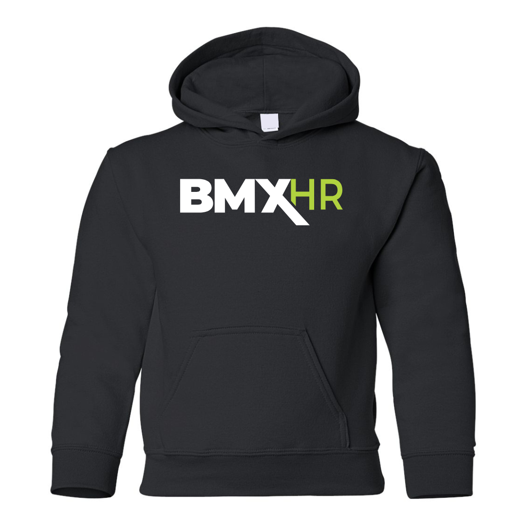 a black hoodie with the bmx hr logo on it