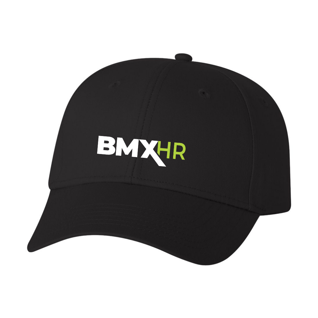 a black hat with the bmx hr logo on it