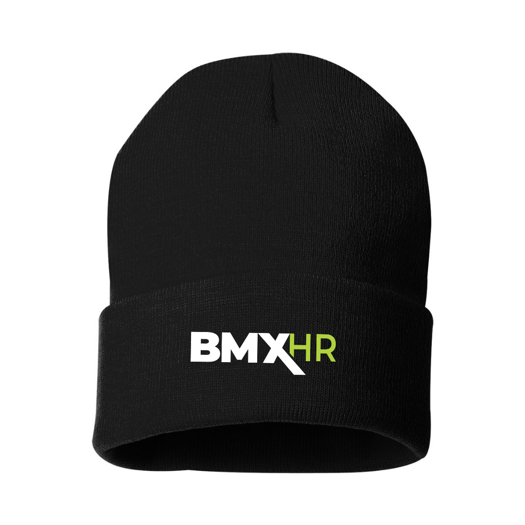 a black beanie with the bmx hr logo on it
