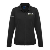 a women's black jacket with the bmx logo on it