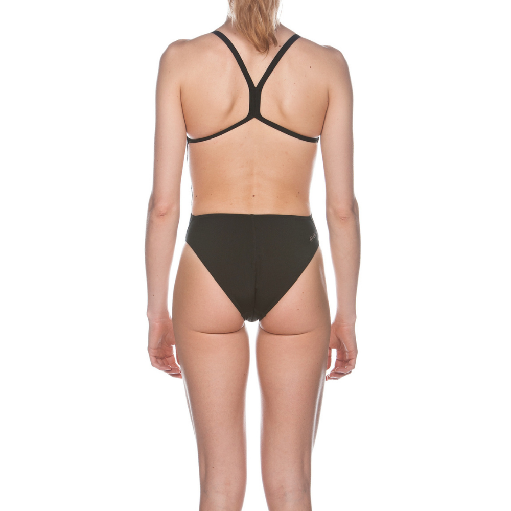 a woman in a black bikini top and bottom