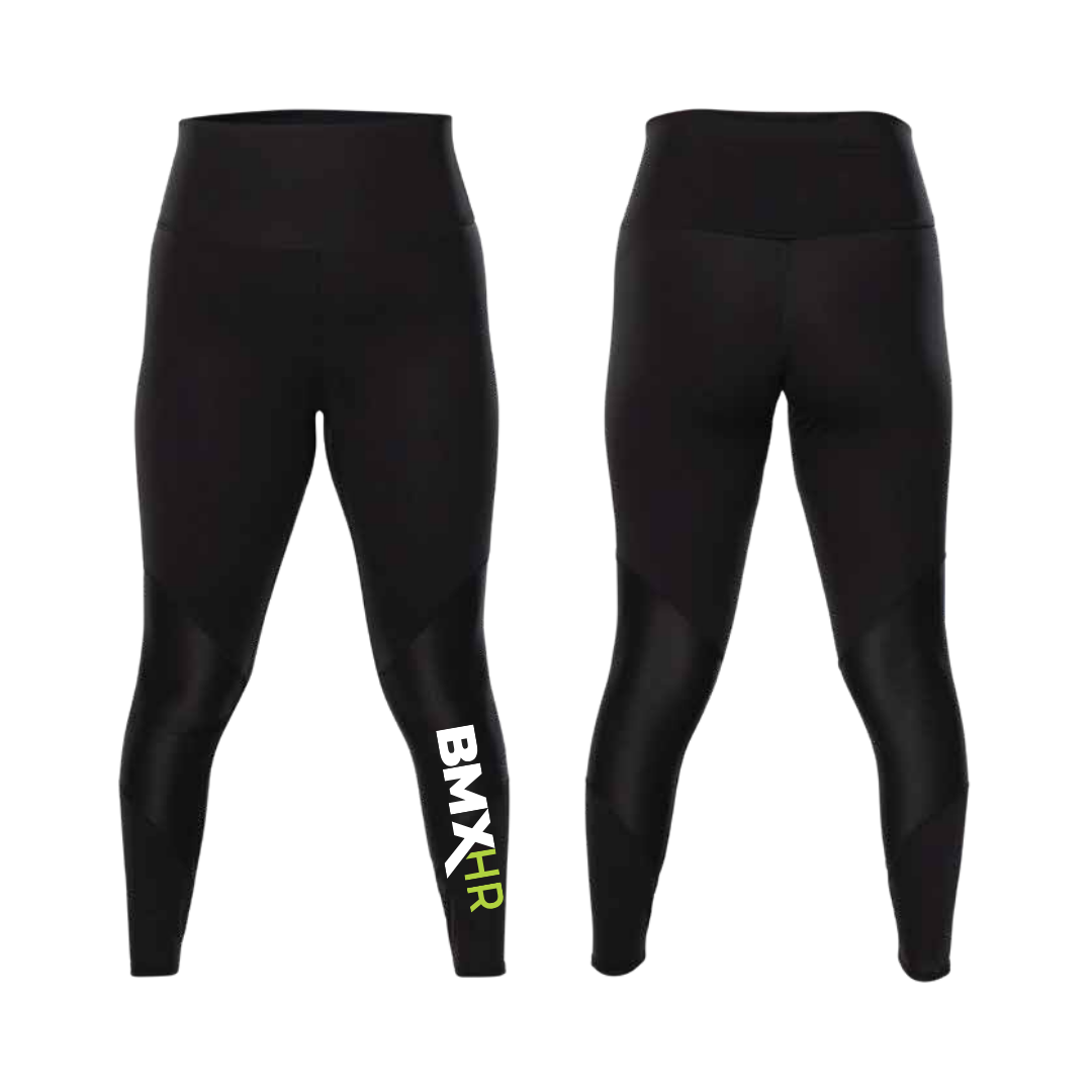 a pair of black leggings with white writing on the side
