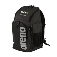 a black backpack with a white logo on it