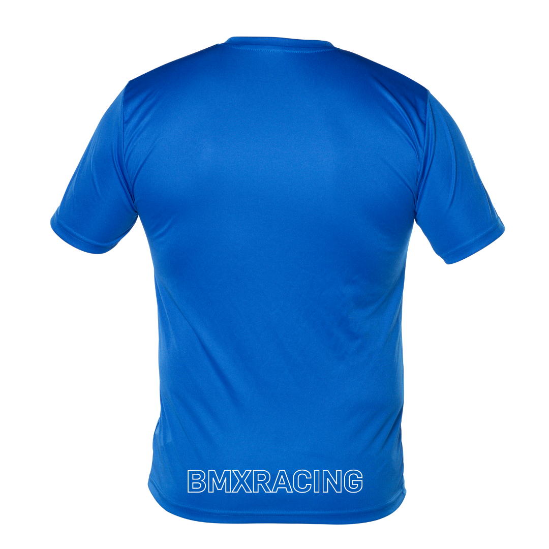 the back of a blue t - shirt with the bmx racing logo on it