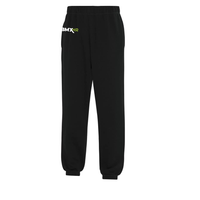 a black sweat pants with a white logo on the side