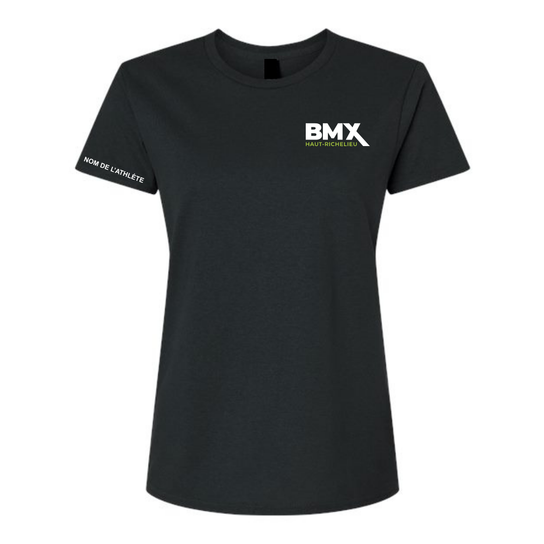a women's black t - shirt with the bmx logo on it