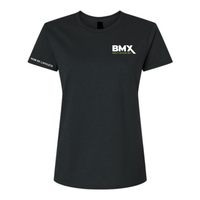 a women's black t - shirt with the bmx logo on it