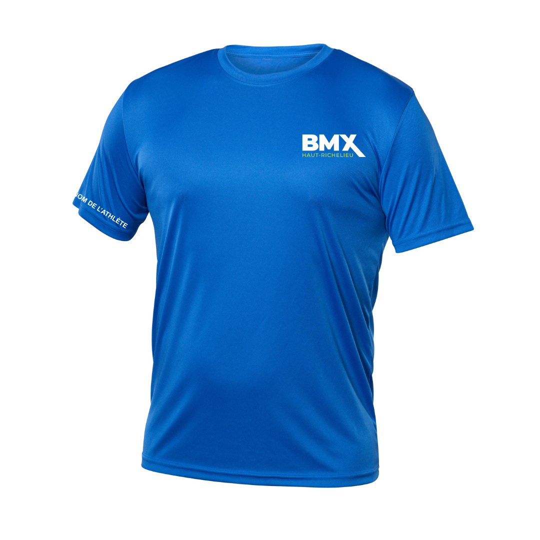 a blue shirt with the bmx logo on it