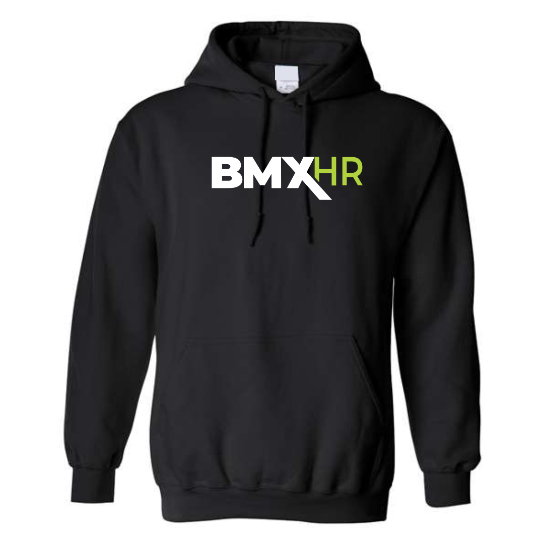 a black hoodie with the bmx hr logo on it