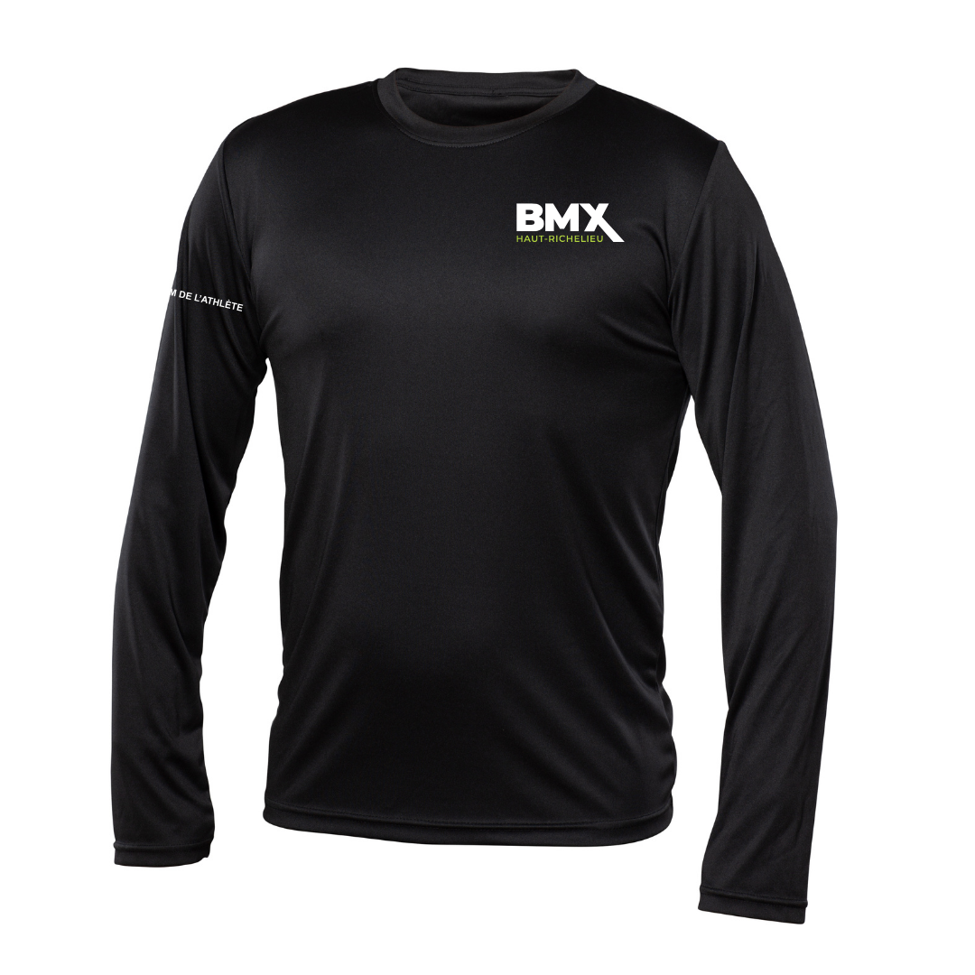 a black long sleeved shirt with the bmx logo on it