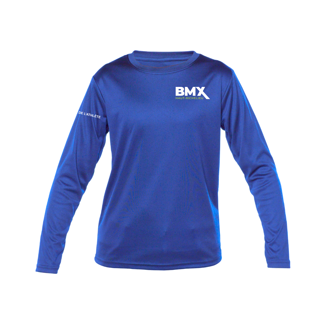 a blue shirt with the bmx logo on it