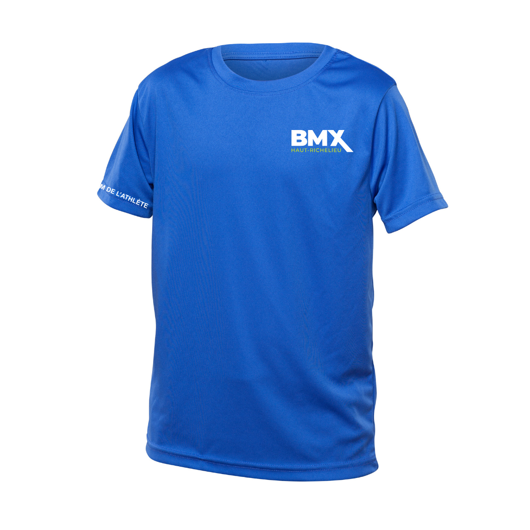 a blue shirt with the bmx logo on it