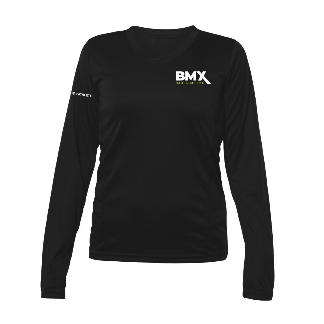 a women's black long sleeve shirt with the bmx logo on it