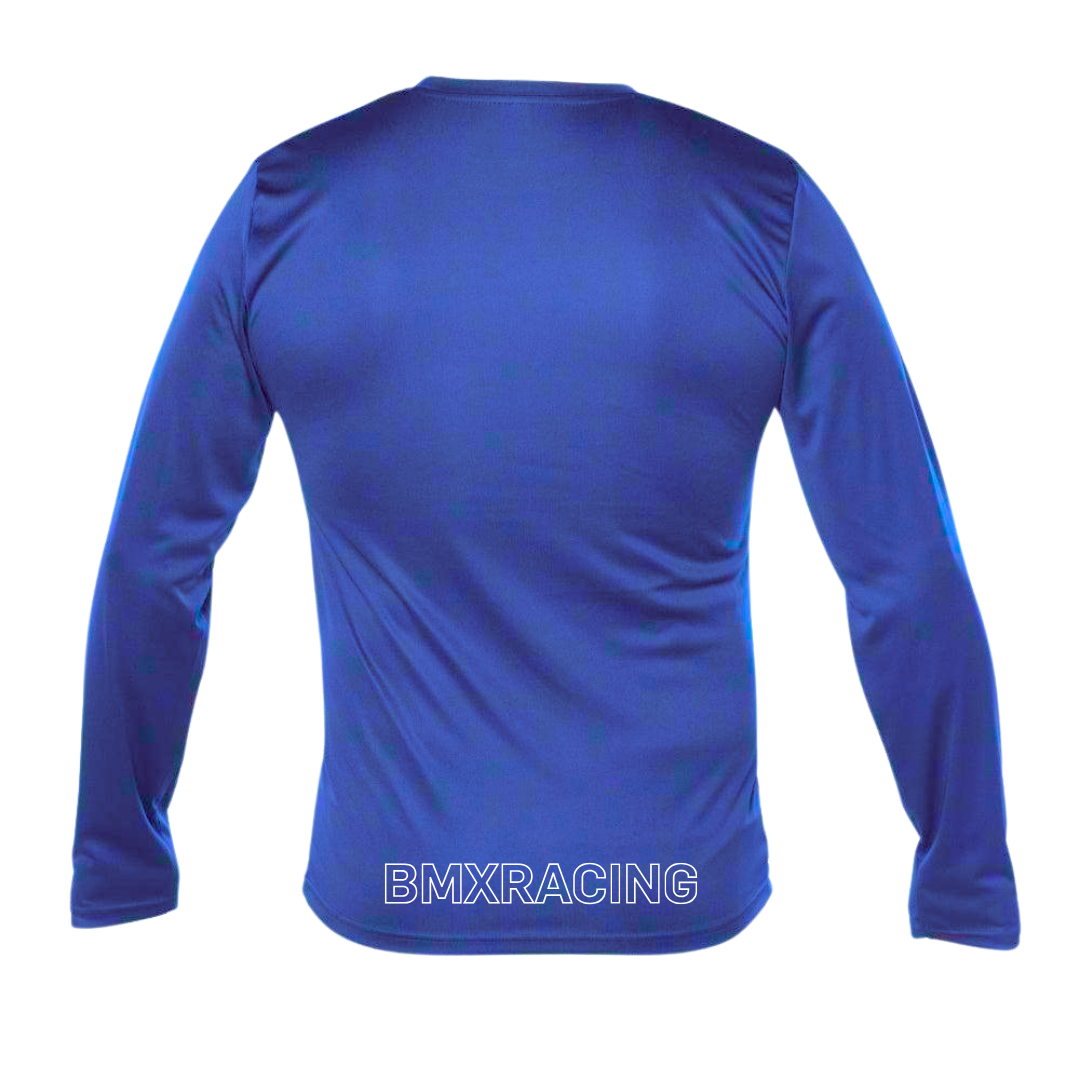the back of a blue long sleeved shirt