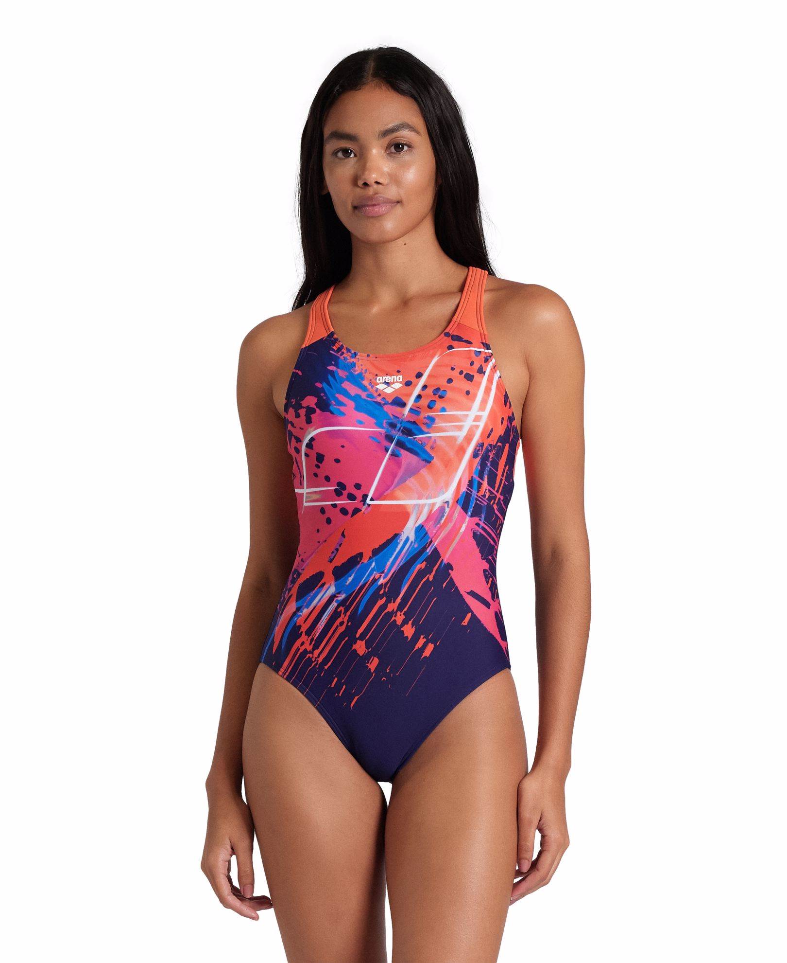 Arena WOMEN'S FUNNY SPOT V BACK LB - Women's Training Swimsuit - Navy Multi / Calypso Coral