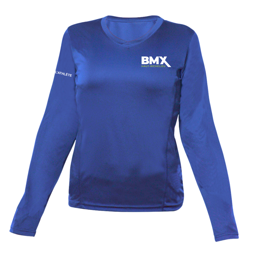 a women's long sleeve shirt with the bmx logo on it