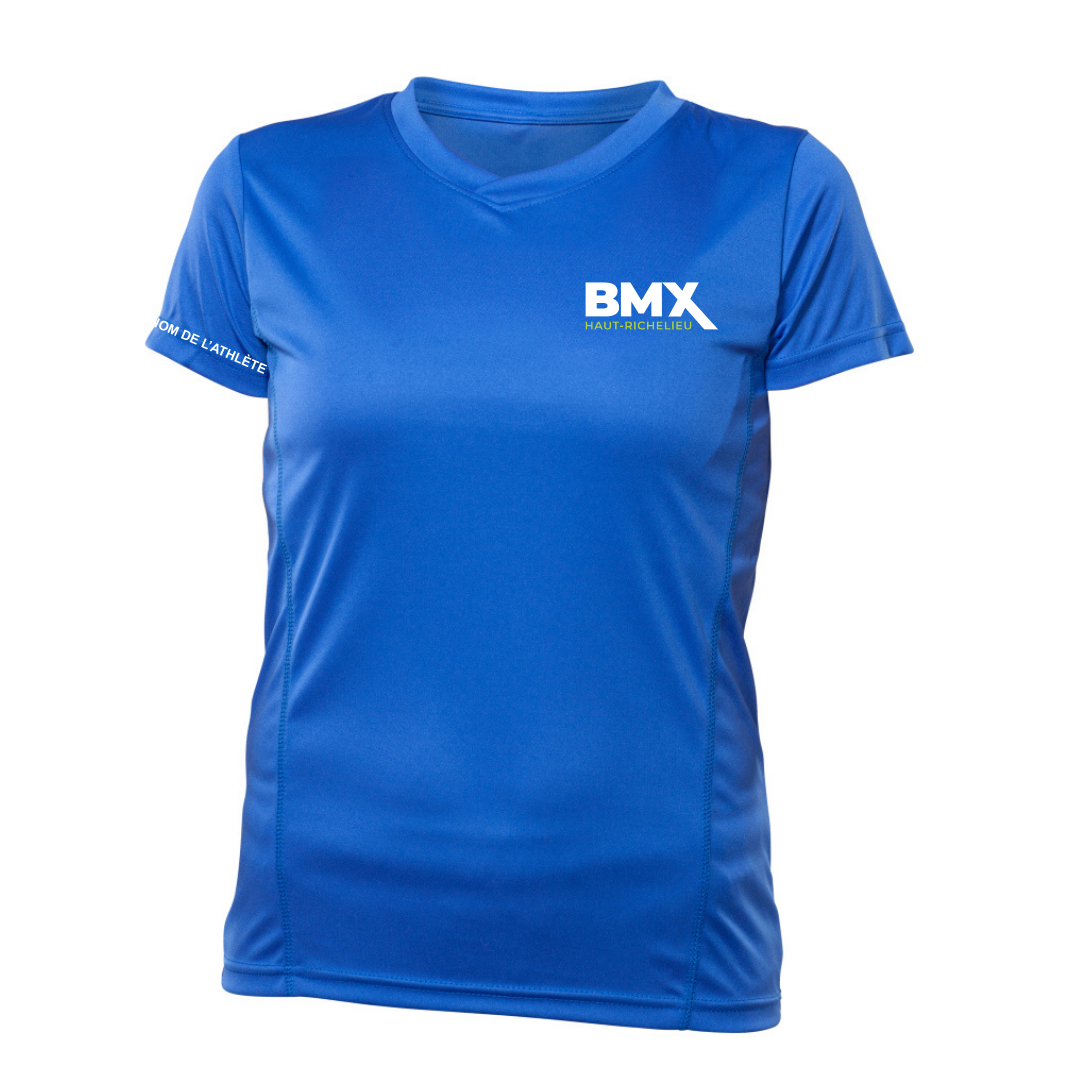 a women's blue shirt with the bmx logo on it