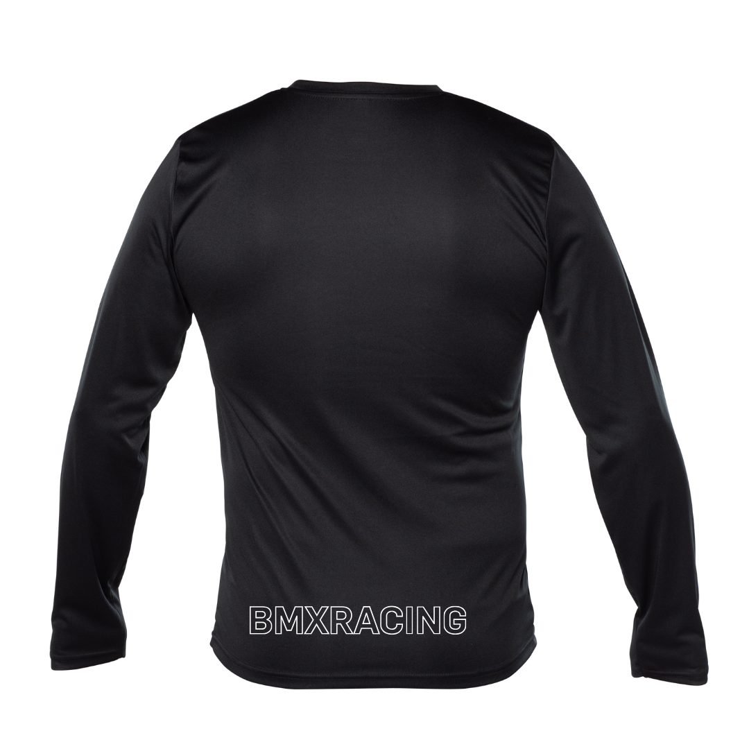 the back of a black long sleeved shirt