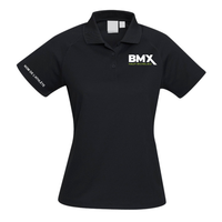 a women's black polo shirt with the bmx logo on it