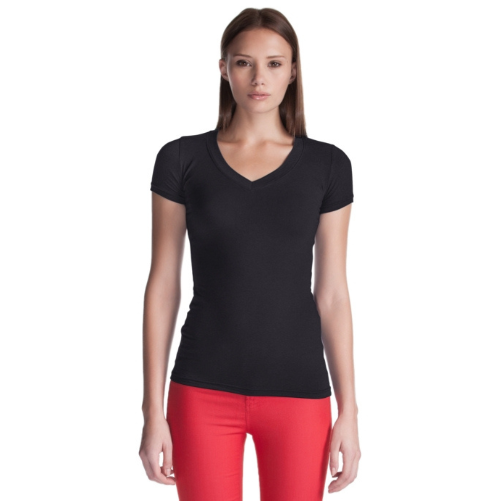 Chandail à manches courtes en bambou à col en V profond - Coupe féminine - Noir