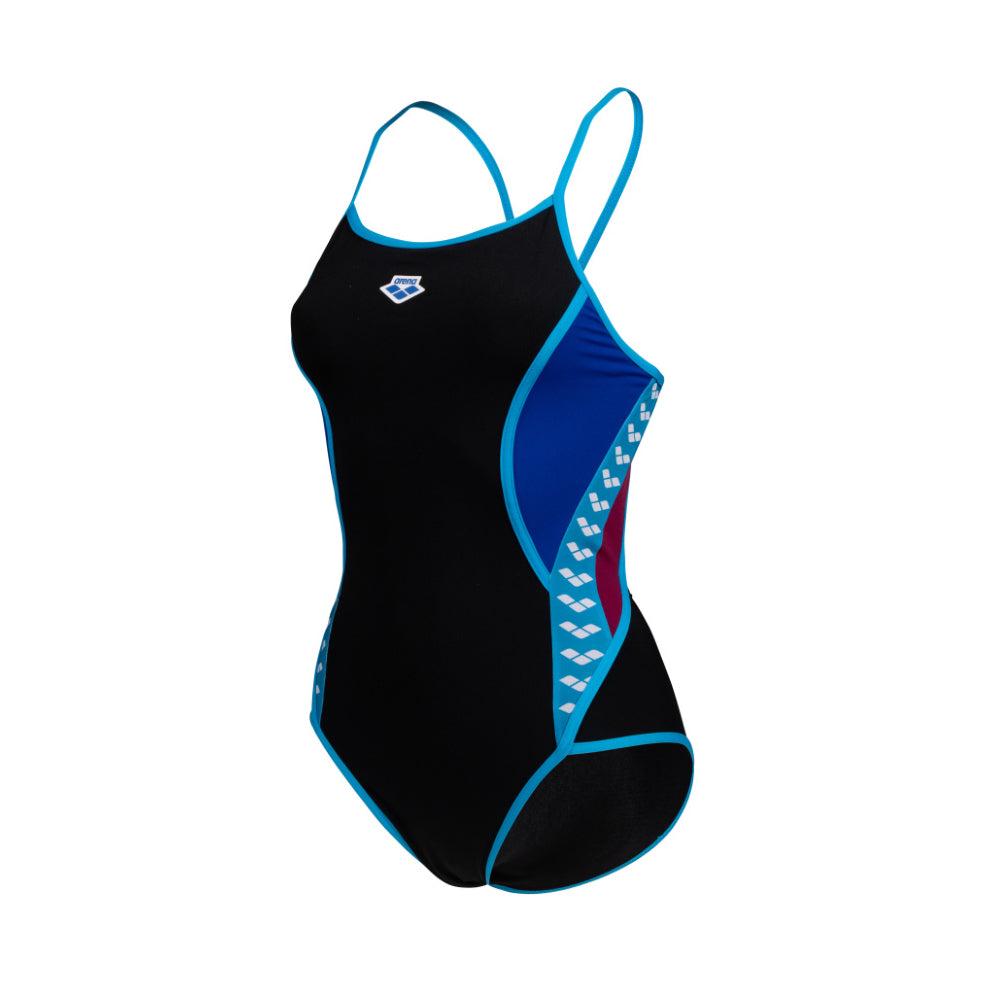 Arena Super Fly Back - ICONS - Maillot d'entraînement pour femmes - Noir / Neon Blue / Red Fandan