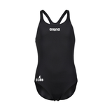 a black one piece swimsuit with white lettering