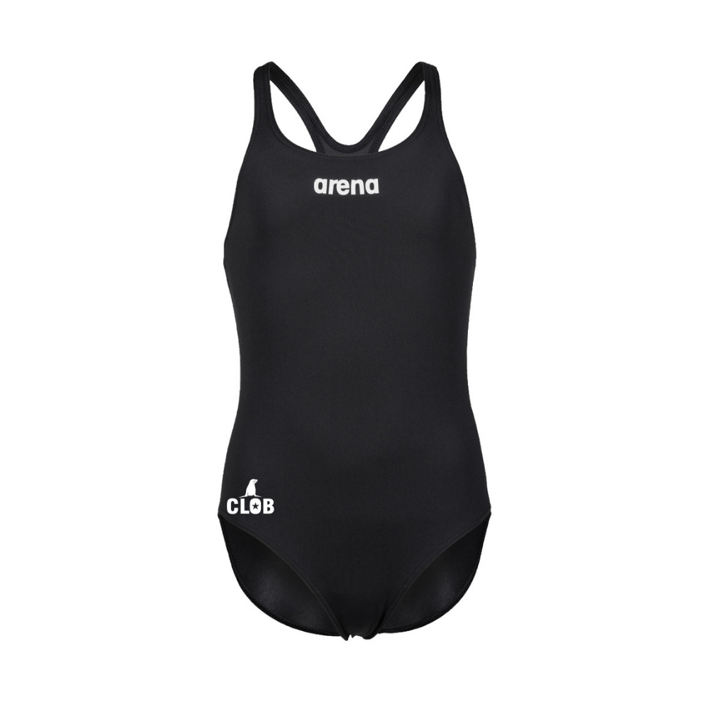 a black one piece swimsuit with white lettering