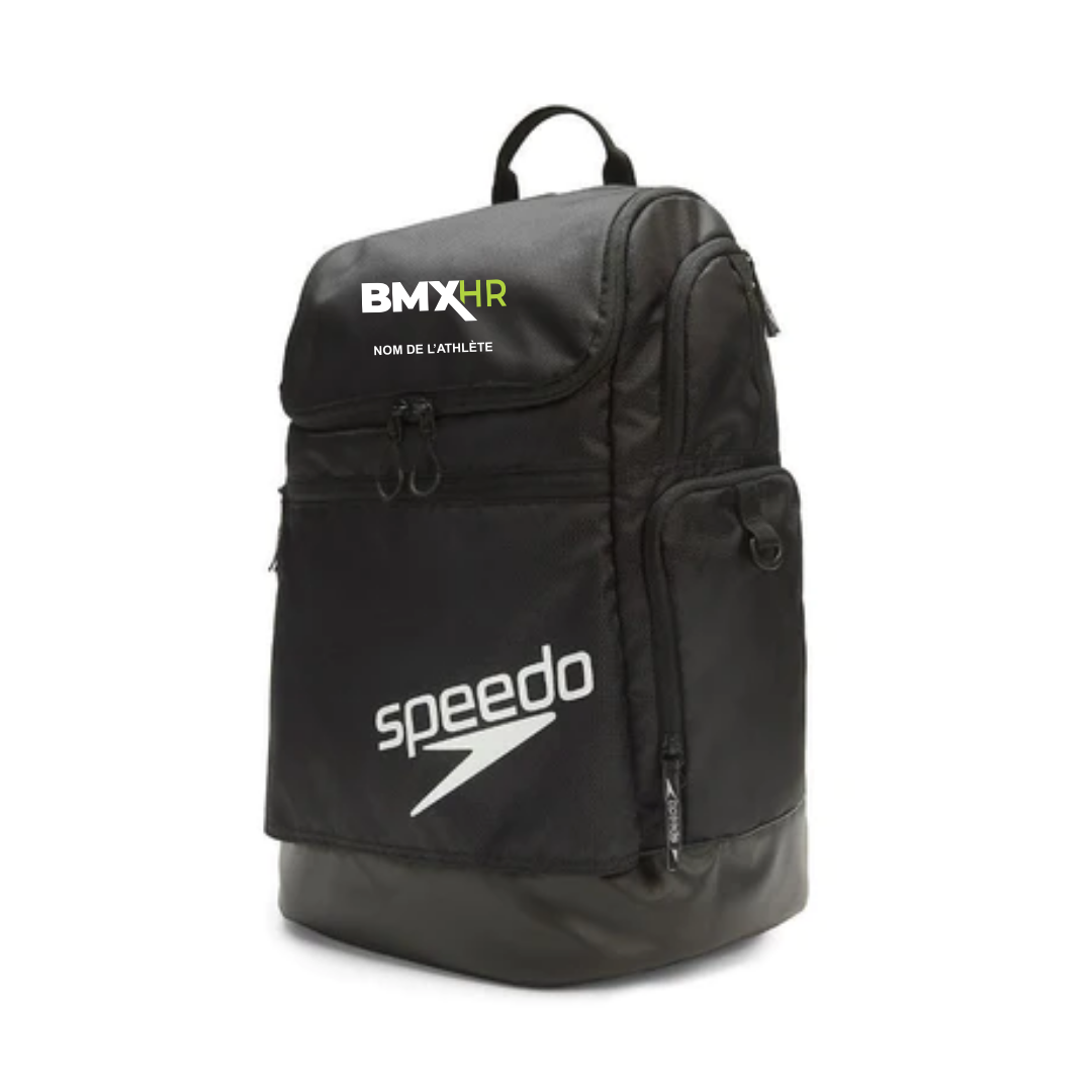 a black backpack with a speedo logo on it