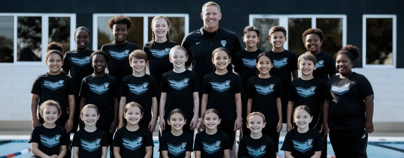 Club de natation sportif avec t-shirts personnalisés avec logos et membres souriants