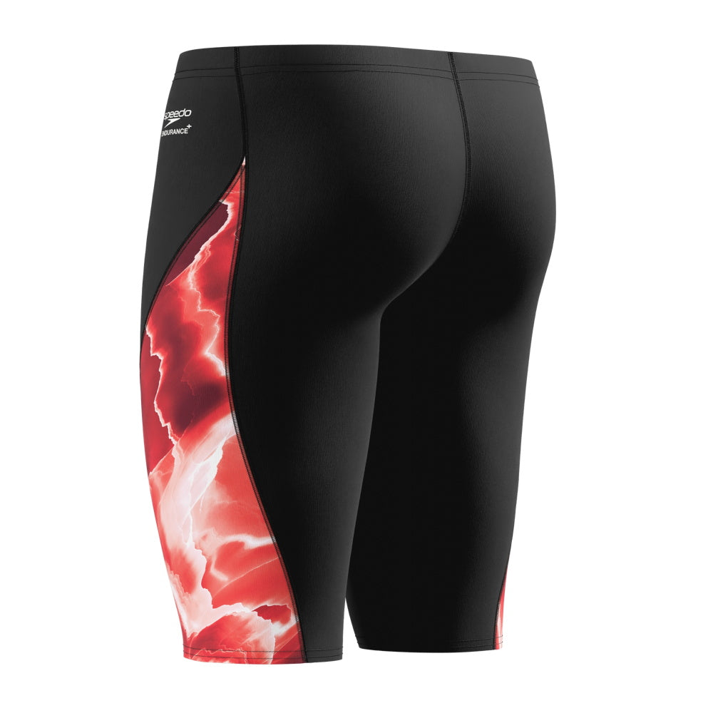 Men's long leg Speedo Male Lightning Jammer competitive training swimsuit featuring a graphic pattern.