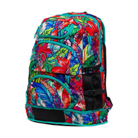 Technical swim backpack featuring padded shoulder straps and specialized storage sections for pool equipment.