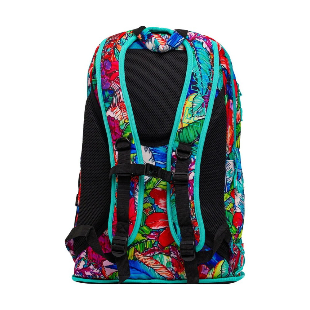 Technical swim backpack featuring padded shoulder straps and specialized storage sections for pool equipment.