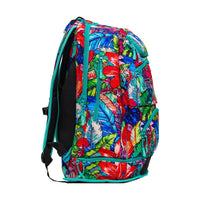 Technical swim backpack featuring padded shoulder straps and specialized storage sections for pool equipment.