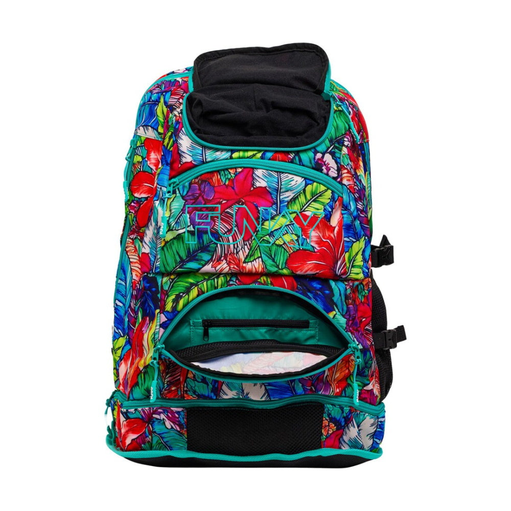 Technical swim backpack featuring padded shoulder straps and specialized storage sections for pool equipment.