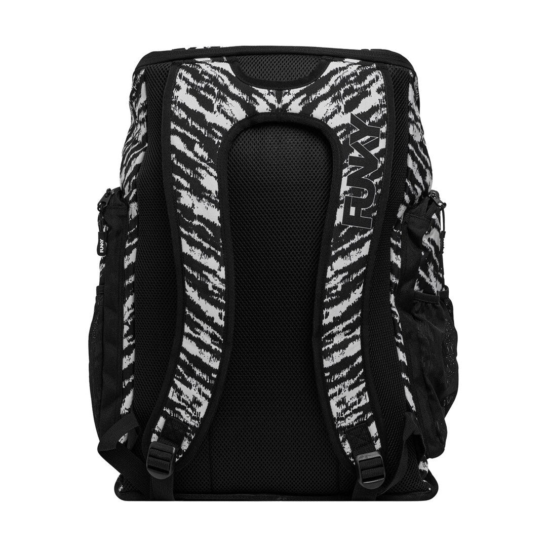 Durable swim backpack featuring padded shoulder straps and multiple storage compartments for pool equipment.